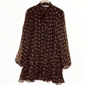 ZARA Sheer A-Line Black Floral Dress with Ruffle.  Size M